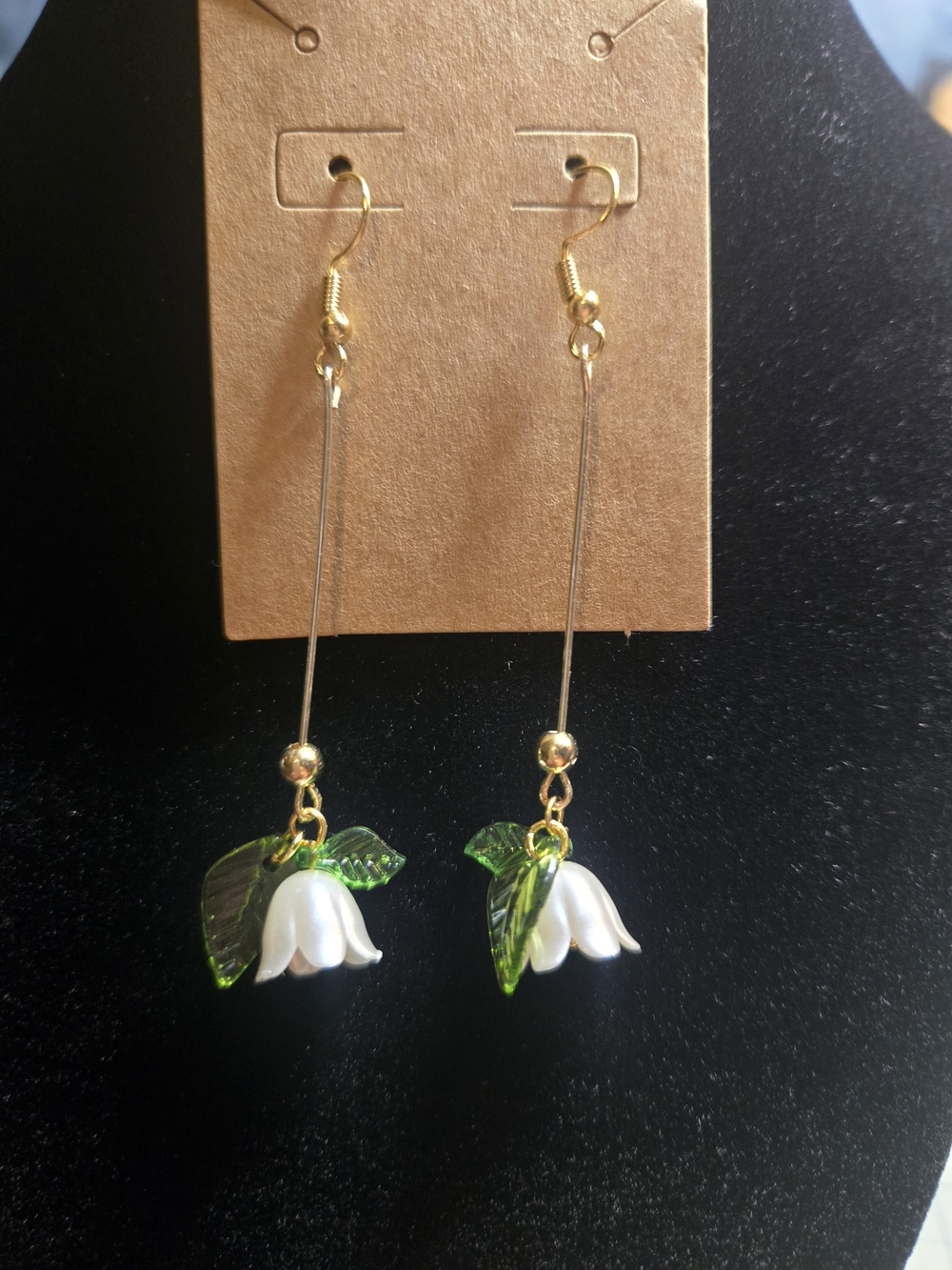 Dainty White Flower Drop Earrings with Green Leaves - Gold Tone